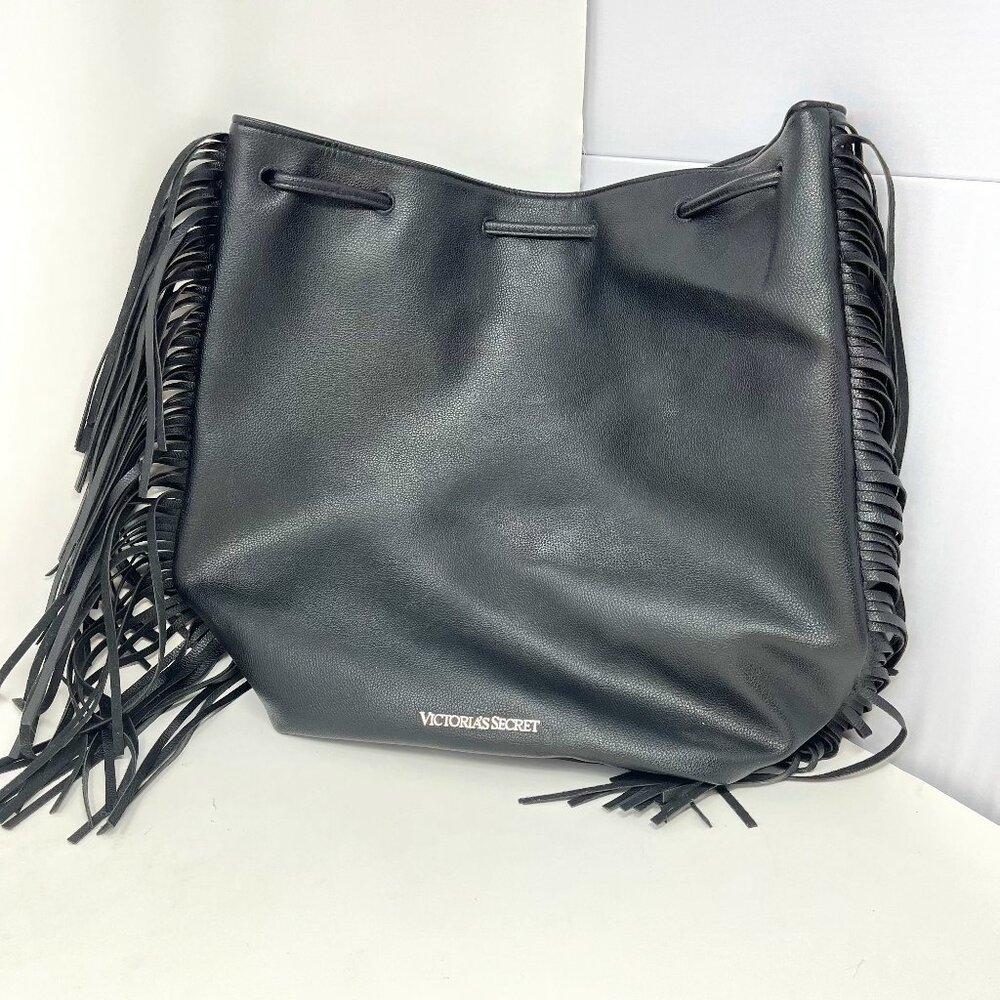Victoria's Secret Drawstring Blk Faux Leather Backpack Fringe Cinch Bag Bookbag